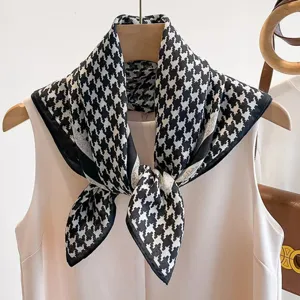 Classic black and white houndstooth square silk scarf elegant neckerchief for women daily wear
