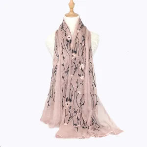 Women Vintage Ethnic Polyester Long Scarf Floral Embroidered Sun Protection Lightweight Shawl Head Wrap