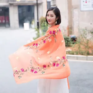 Bohemian embroidered linen scarf for women, ethnic style floral shawl for travel and outdoor sun.