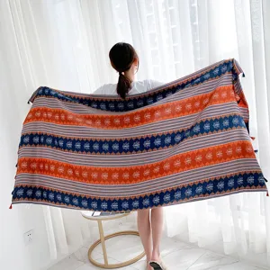 Cotton linen ethnic print beach towel shawl, vintage style oversized scarf for summer.