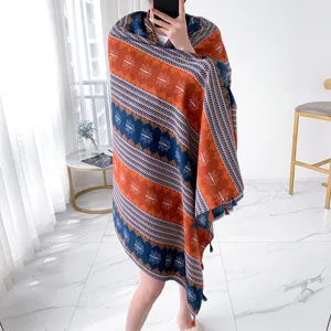 Retro ethnic style printed beach towel shawl, thickened cotton linen scarf for women sun protection.