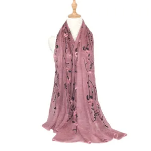 Cotton linen embroidered long scarf for women, vintage floral shawl sun protection wrap.