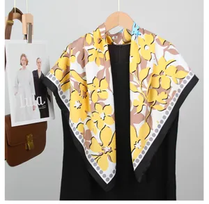 Elegant floral satin square scarf, French style large shawl and chic headscarf for women.