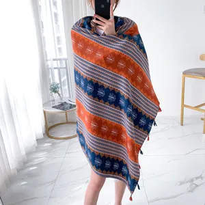 Bohemian ethnic print shawl fringe beach towel retro sunscreen scarf for women versatile