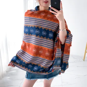 Retro ethnic printed linen beach shawl, versatile thickened sun protection scarf for women.