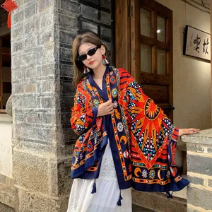 Bohemian ethnic style printed fringe shawl cape for women, vintage tribal pattern wrap.