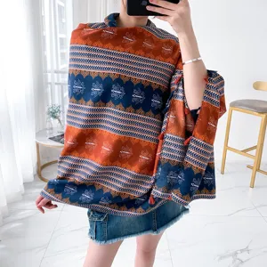 Retro ethnic print cotton linen beach towel shawl summer sun protection scarf for women.