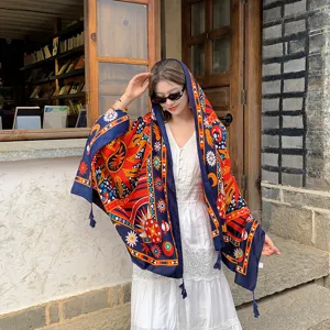 Bohemian ethnic style printed shawl with tassels, colorful tribal geometric pattern cape for women.