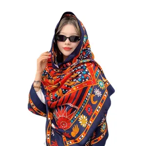 Bohemian ethnic style print cotton linen shawl, vintage sun totem oversized scarf for women.
