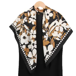 French Style Floral Print Square Scarf Women Elegant Satin Silk Feel Scarf Lightweight Sun Protection Neckerchief Shawl