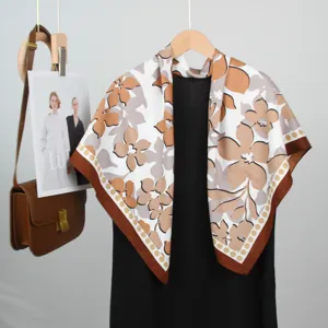 Elegant 90cm square silk scarf with floral leaf print, French style fashion neckerchief.