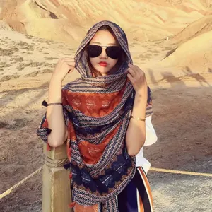 Women's Bohemian Ethnic Print Polyester Scarf Large Beach Towel Sun Protection Shawl Tassels Fashion Wrap