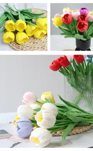 Artificial tulip flower bouquet detail view, colorful plastic fake floral decor for home wedding.