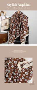 Brown camellia floral print cotton linen scarf elegant shawl for women autumn winter