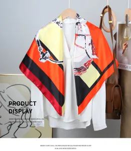 90cm square silk scarf with elegant equestrian horse print and chic color block design.