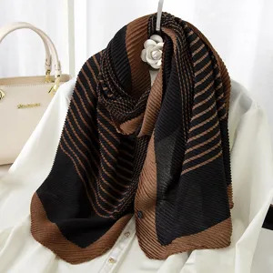 Fall winter pleated striped scarf for women, elegant black and brown warm cozy fashion shawl.