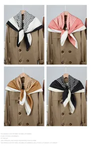 Minimalist striped 90cm square silk scarf, professional style shirt shawl detail view.