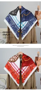 Women 90cm square silk scarf with classic equestrian saddle print and elegant tassel fringe.