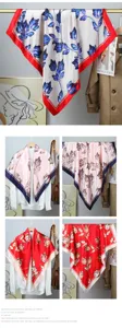 Elegant 90cm satin floral square scarf for women, versatile luxury fashion neckwear wrap.