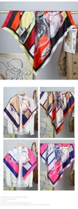 90cm square silk scarf for women, elegant equestrian horse print color block satin neckerchief fashion shawl.