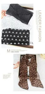 French polka dot and leopard print long silk scarf, elegant lightweight neckerchief for women.