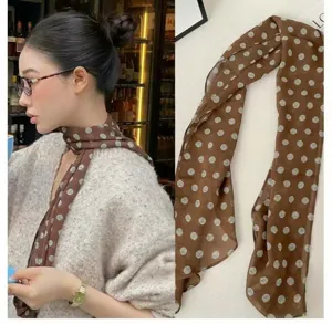 Brown polka dot long silk scarf detail, elegant lightweight neckerchief for vintage chic style.