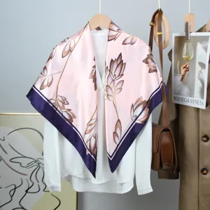 Women Fashion Satin Scarf Floral Print Large Square Scarf Literary Style Lightweight Shawl Scarf For Daily Wear