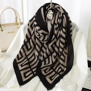 Fashion pleated geometric print scarf women autumn winter warm long shawl chic neck wrap design