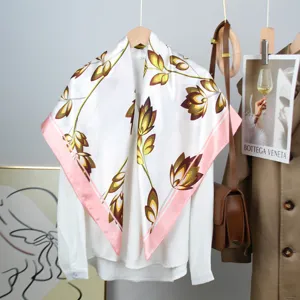 Luxury 90cm satin silk scarf for women, elegant floral print square shawl and versatile neckerchief.