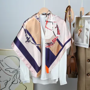 Women Satin Square Scarf Elegant Horse Print Colorblock Neck Scarf Fashion Lightweight Silk Feel Shawl For Daily Commute