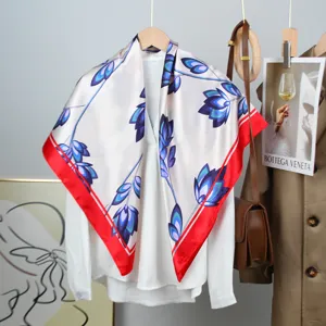 Luxury satin silk square scarf with elegant blue floral print and bold red border for women