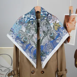Luxury floral print silk square scarf 90cm for women designer elegant chic fashion wrap