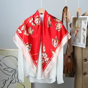 Elegant red floral satin square scarf for women, soft lightweight fashion neckerchief shawl.