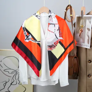 90cm square silk scarf women luxury horse print colorblock fashion shawl elegant