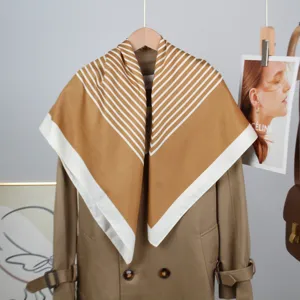 Classic brown white striped silk square scarf 90cm professional style stylish accessory