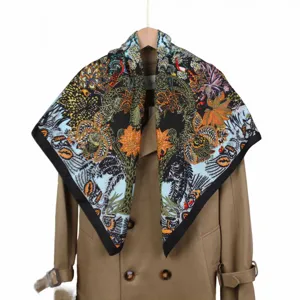Luxury 90x90cm silk twill square scarf featuring elegant floral botanical print and chic black border.