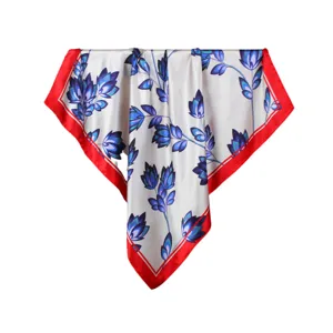 Elegant 90cm satin silk square scarf with blue floral print and vibrant red border for women.
