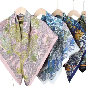 Luxurious 90x90cm twill silk scarf with exquisite botanical floral jungle prints for women.
