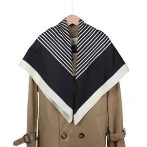 Classic black and white striped square silk scarf for women, elegant 90cm neck scarf.