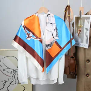 Elegant 90cm large square silk scarf featuring a stylish equestrian color block design.