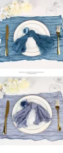 High-quality detail of Bohemian style blue gauze table runner with elegant gold cutlery