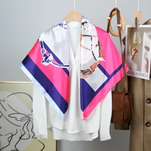 90cm Luxury Square Silk Scarf Women Satin Horse Print Colorblock Neck Scarf Chic Shawl Wrap