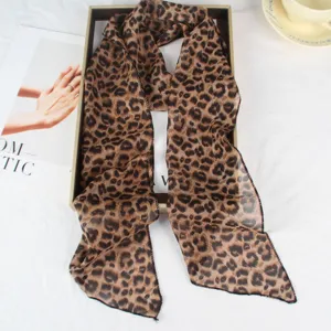 Women Lightweight Chiffon Long Scarf French Vintage Polka Dot Leopard Print Neck Scarf Elegant Daily Neckwear Accessory
