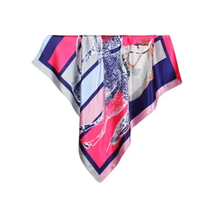 90cm silk square scarf women luxury fashion elegant horse print colorblock.