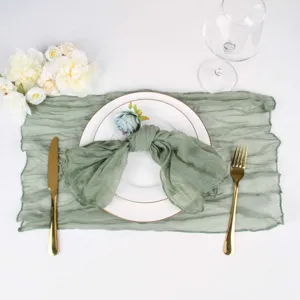 Elegant sage green wrinkled gauze napkin and placemat set for bohemian wedding party decor