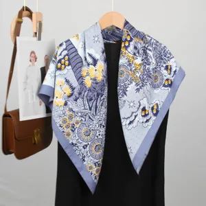Femme 90cm écharpe carrée toucher soie luxe floral impression bleu élégant châle