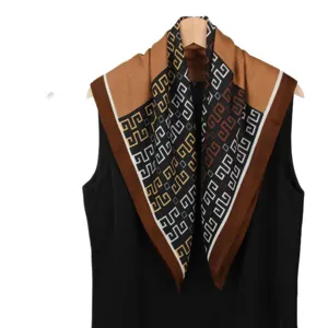Colorblock 68cm silk-feel square scarf retro geometric printed fashion neckerchief