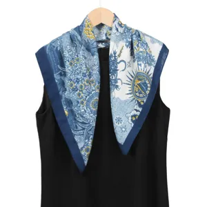 Luxury style blue white silk scarf women square sun moon botanical print elegant neckerchief