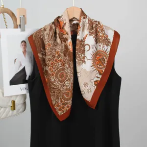 Spring summer sun moon printed silk square scarf elegant cooling thin neck scarf women