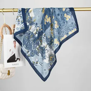 Blue star moon print silk scarf square fashion women neck wrap summer cooling lightweight